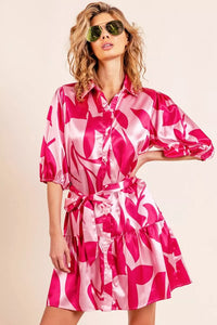 BiBi Leaf Pattern Collared Satin Dress Thumbnail 1