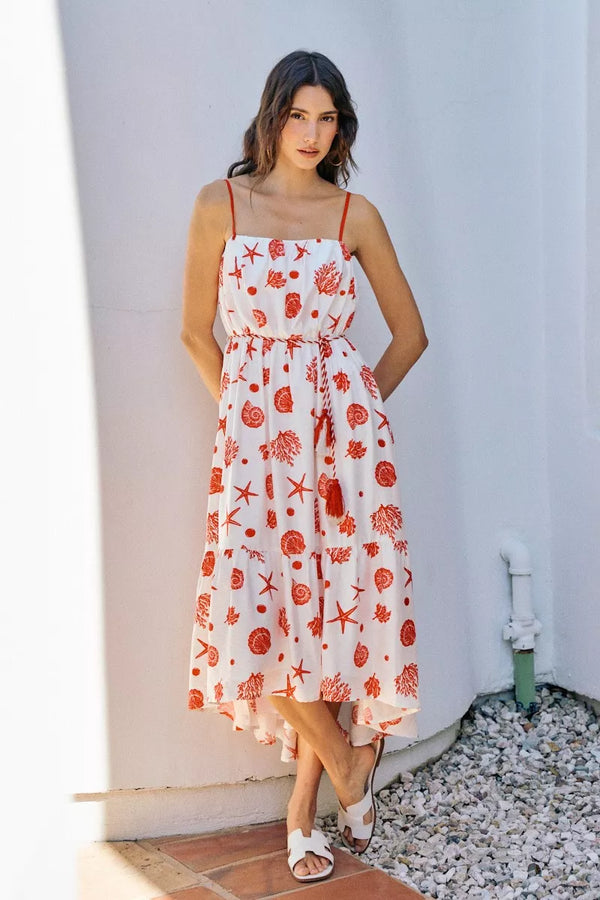 SO ME Shell Print Tiered Lined Midi Cami Dress With Belt - Alternate View - WE4U Fashion USA