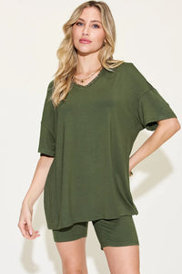 Basic Bae Full Size V-Neck Drop Shoulder T-Shirt and Shorts Set Thumbnail 21