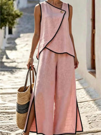 Contrast Trim Top and Slit Pants Set Thumbnail 7