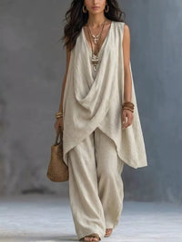 Sleeveless Asymmetrical Top and Wide-Leg Pants Set Thumbnail 8