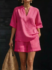 Full Size Notched Half Sleeve Top and Shorts Set Plus Size Thumbnail 4