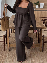 Plus Size Square Neck Long Sleeve Top and Pants Two-Piece Set Thumbnail 1