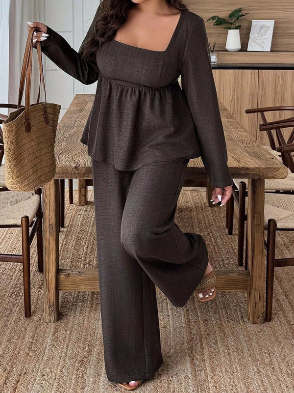 Plus Size Square Neck Long Sleeve Top and Pants Two-Piece Set - Women's Clothing & Dresses USA