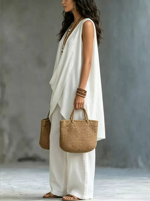 Sleeveless Asymmetrical Top and Wide-Leg Pants Set - Alternate View - WE4U Fashion USA