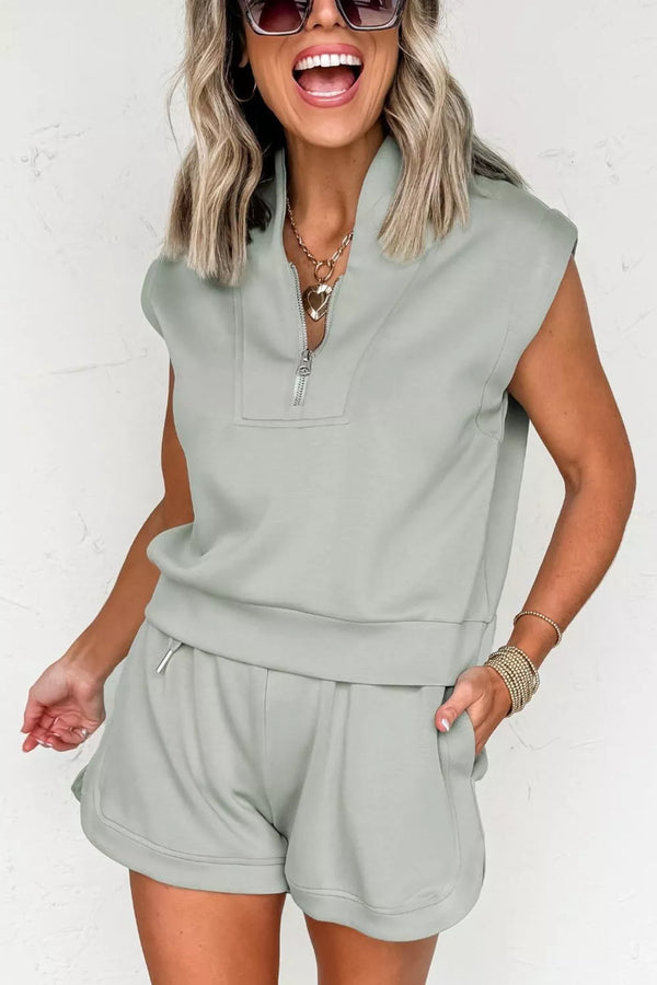 Quarter Zip Sleeveless Top Drawstring Shorts Casual 2pcs Outfit - Alternate View - WE4U Fashion USA