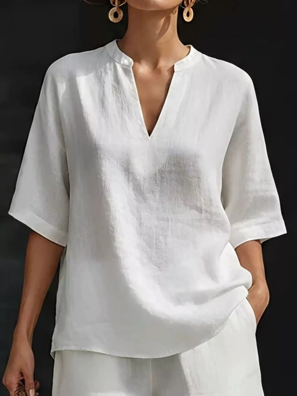 Full Size Notched Half Sleeve Top and Shorts Set Plus Size - Alternate View - WE4U Fashion USA