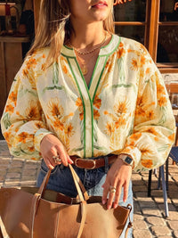 Floral Print V Neck Long Sleeve Shirt Thumbnail 1