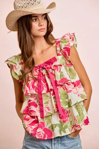 BiBi Floral Print Woven Bow Tie Ruffle Square Neck Top Thumbnail 3
