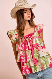 BiBi Floral Print Woven Bow Tie Ruffle Square Neck Top Thumbnail 4