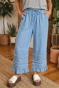 Ruffled Hem Wide Leg Chambray Jeans Thumbnail 1