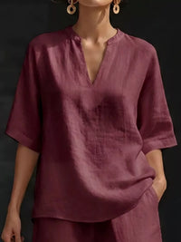 Full Size Notched Half Sleeve Top and Shorts Set Plus Size Thumbnail 9