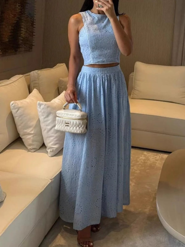 Eyelet Crop Top and Maxi Skirt Set - Alternate View - WE4U Fashion USA