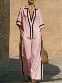 Full Size Contrast Trim Top and Pants Set Plus Size Thumbnail 8