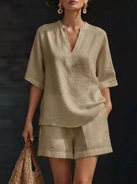 Full Size Notched Half Sleeve Top and Shorts Set Plus Size Thumbnail 5