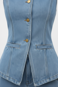 Sleeveless Button-Front Vest and Pants Denim Set Thumbnail 4