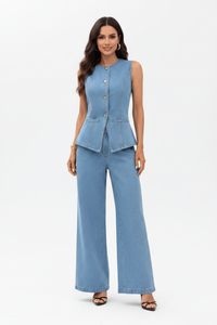 Sleeveless Button-Front Vest and Pants Denim Set Thumbnail 1