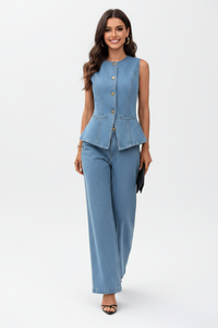 Sleeveless Button-Front Vest and Pants Denim Set Thumbnail 2