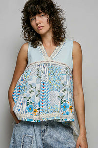 POL Floral V-Neck Sheer Tank with Lace Trim Thumbnail 2