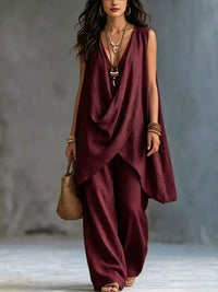 Sleeveless Asymmetrical Top and Wide-Leg Pants Set Thumbnail 5