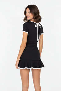 Tie-Neck Contrast Short-Sleeve Dress Thumbnail 3