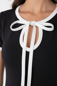Tie-Neck Contrast Short-Sleeve Dress Thumbnail 4