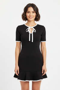 Tie-Neck Contrast Short-Sleeve Dress Thumbnail 2