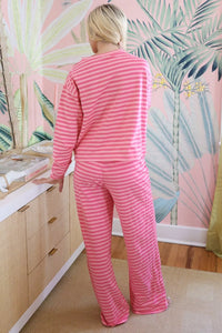 Stripe Drop Shoulder Round Neck Top and Buttoned Straight Pants Two Piece Set Thumbnail 6