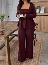 Plus Size Square Neck Long Sleeve Top and Pants Two-Piece Set Thumbnail 10