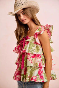 BiBi Floral Print Woven Bow Tie Ruffle Square Neck Top Thumbnail 7