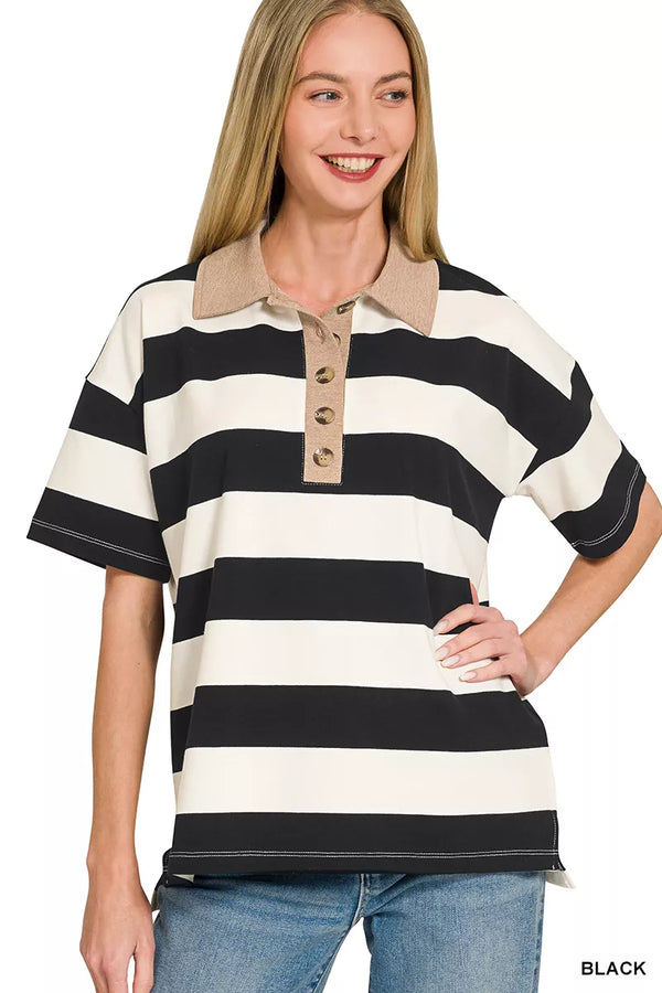 Zenana Striped Collared Polo Top - Women's Clothing & Dresses USA