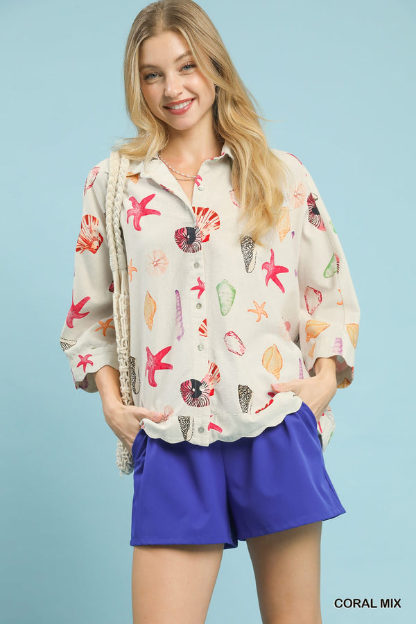 Umgee Seashell & Starfish Print Button-Down Top - Women's Clothing & Dresses USA
