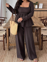 Plus Size Square Neck Long Sleeve Top and Pants Two-Piece Set Thumbnail 3