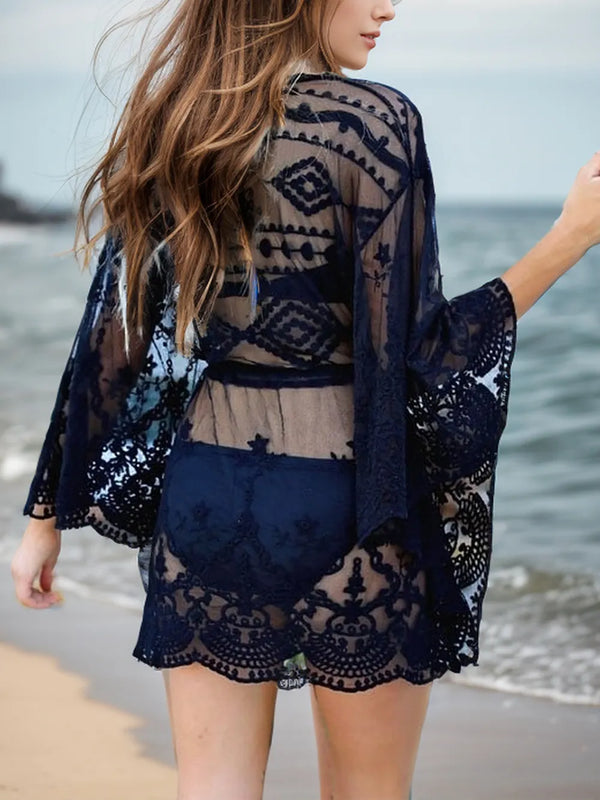 Lace V-Neck Three-Quarter Sleeve Cover Up - Alternate View - WE4U Fashion USA