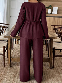 Plus Size Square Neck Long Sleeve Top and Pants Two-Piece Set Thumbnail 11