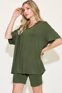 Basic Bae Full Size V-Neck Drop Shoulder T-Shirt and Shorts Set Thumbnail 22