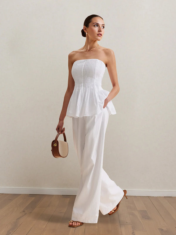 Strapless Peplum Top and Wide Leg Pants Set - Women's Clothing & Dresses USA