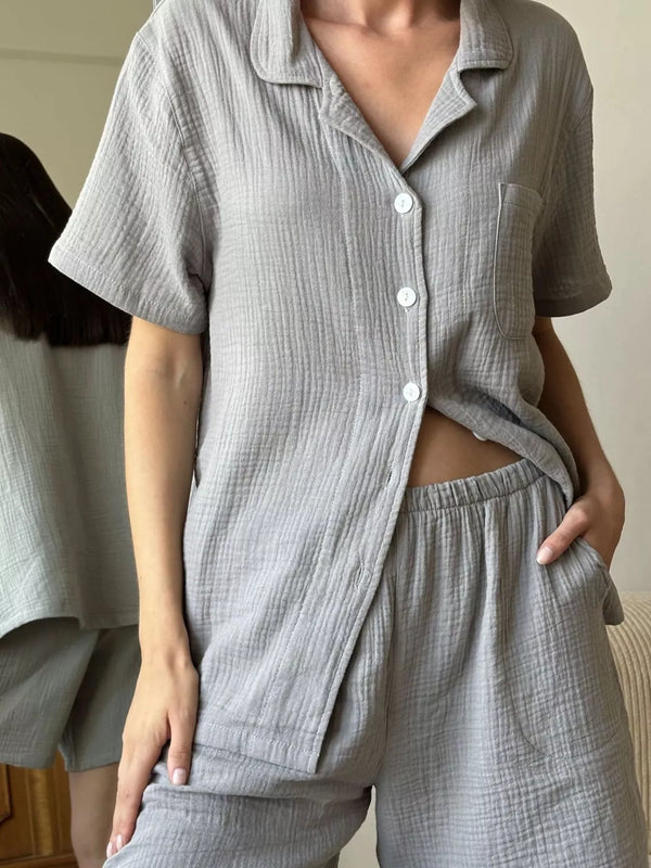Button Up Short Sleeve Shirt and Shorts Set - Alternate View - WE4U Fashion USA