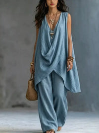Sleeveless Asymmetrical Top and Wide-Leg Pants Set Thumbnail 6