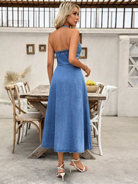 Halter Neck Button-Down Denim Dress Thumbnail 6