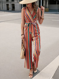 Striped Sleeveless Tie Waist Jumpsuit Thumbnail 3