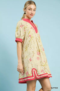 Umgee Floral Puff Sleeve Dress with Contrast Trim Thumbnail 4