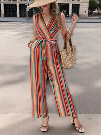 Striped Sleeveless Tie Waist Jumpsuit Thumbnail 2