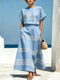 Full Size Striped Round Neck Top and Skirt Set Plus Size Thumbnail 1