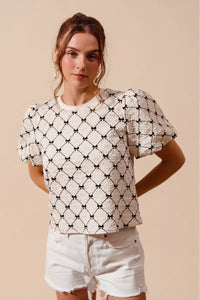 SO ME Bow Texture Woven Bubble Sleeve Top Thumbnail 3
