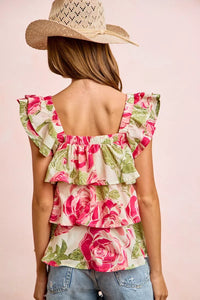 BiBi Floral Print Woven Bow Tie Ruffle Square Neck Top Thumbnail 8