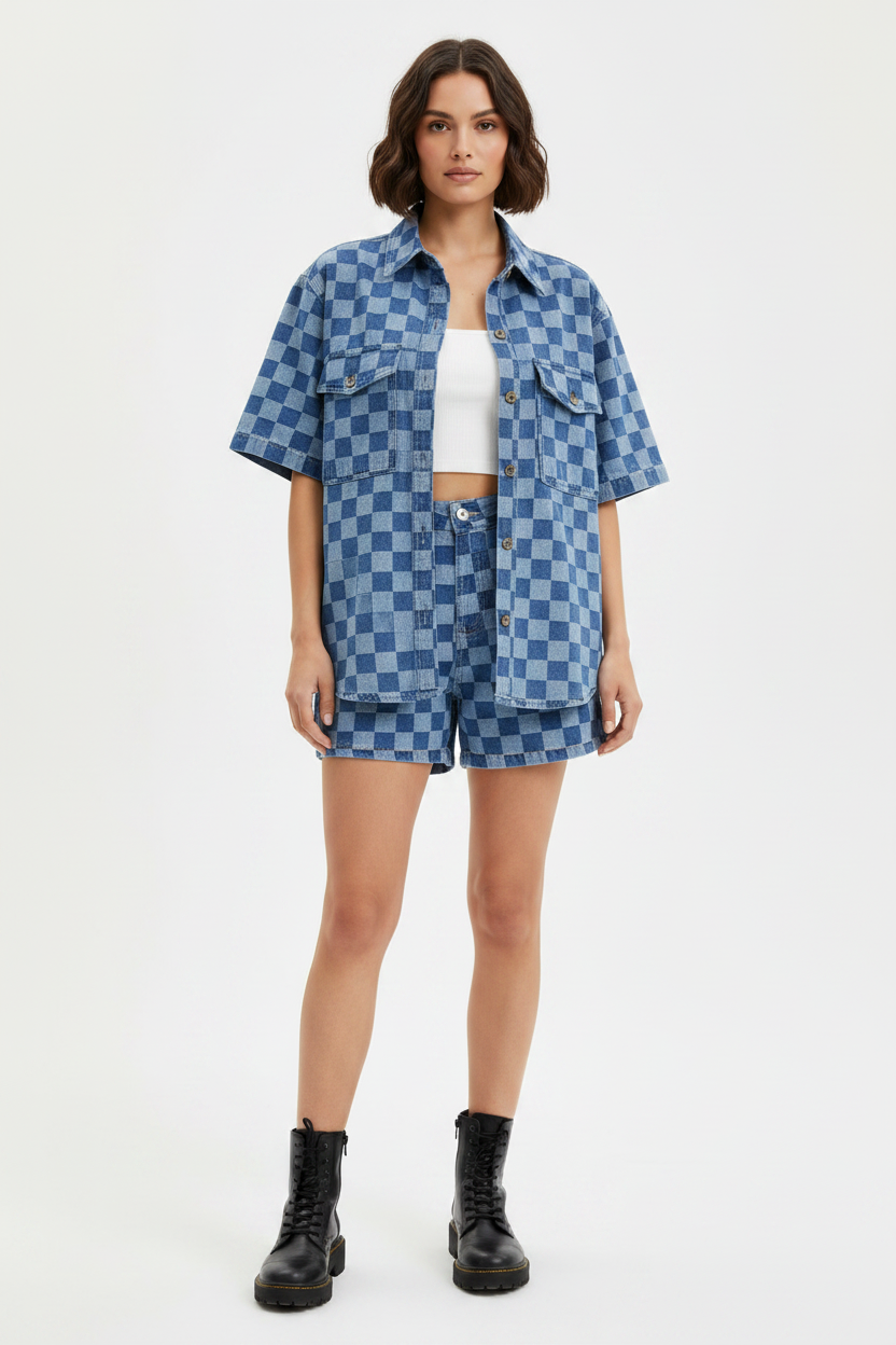 Checkered Shirt and Shorts Denim Set