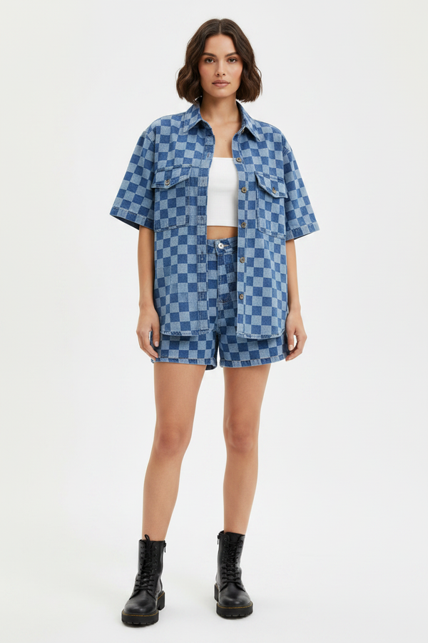 Checkered Shirt and Shorts Denim Set - Women's Clothing & Dresses USA