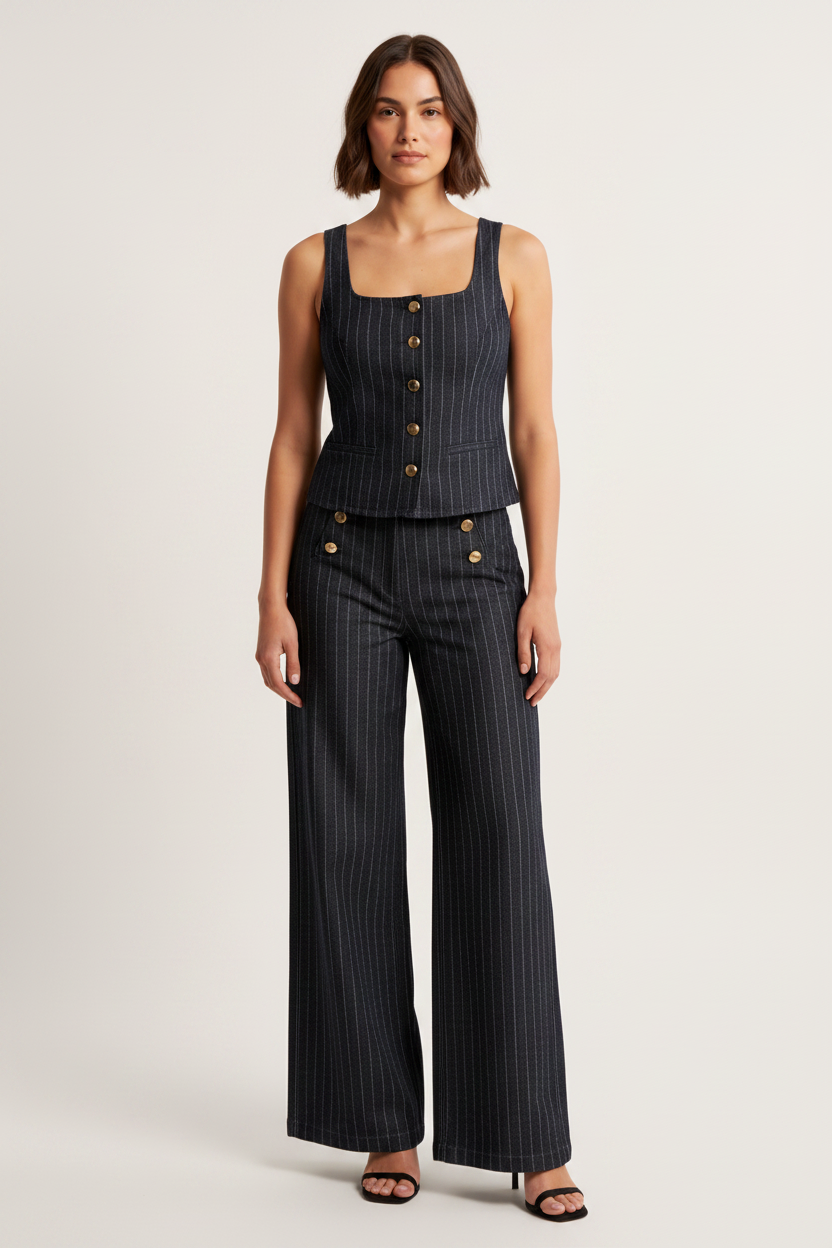 Striped Button Down Tank and Pants Denim Set