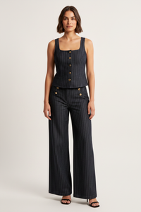 Striped Button Down Tank and Pants Denim Set Thumbnail 1